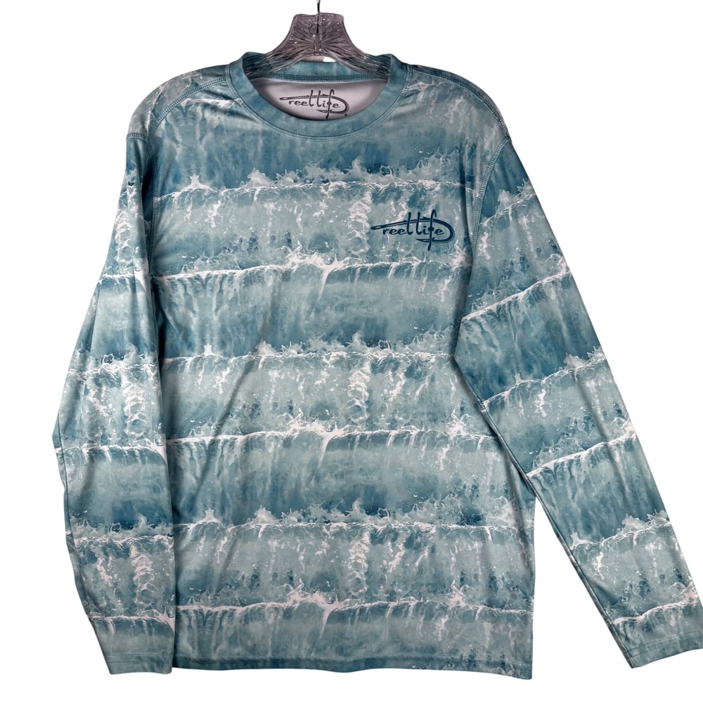 Reel Life Mens Blue Ocean Wave Print Long Sleeve Performance Sun Shirt Size M